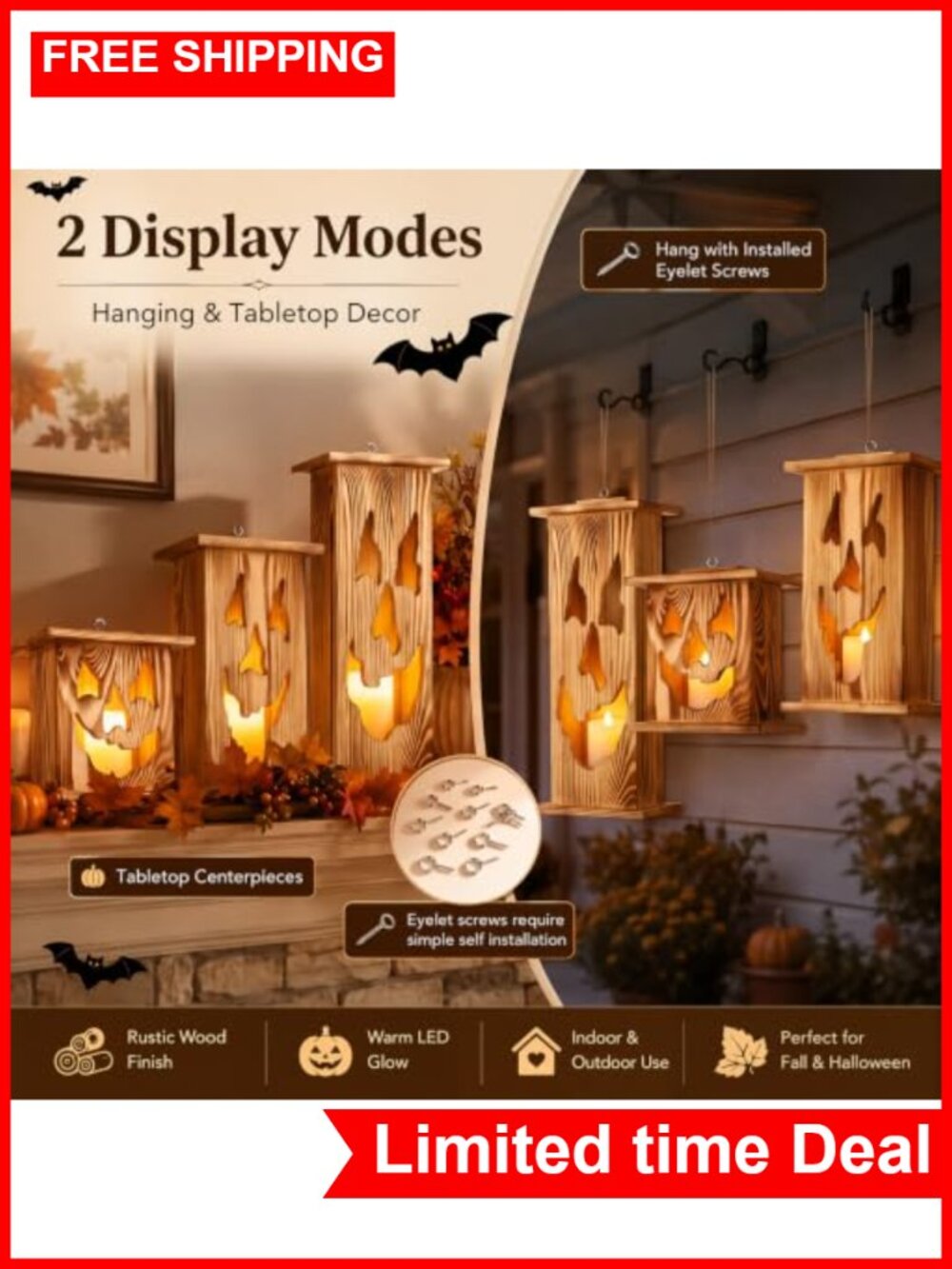 Halloween Wooden Lantern Set 3 Pcs Jack O Lantern Decor - Picture 3 of 6